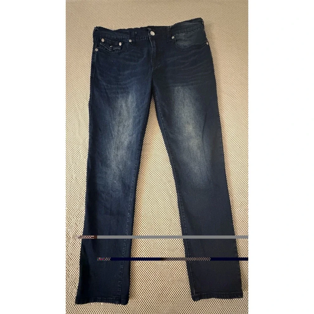 True Religion Jeans Geno Big T Flap Pocket Mens Size 38 Dark Wash Blue Stretch